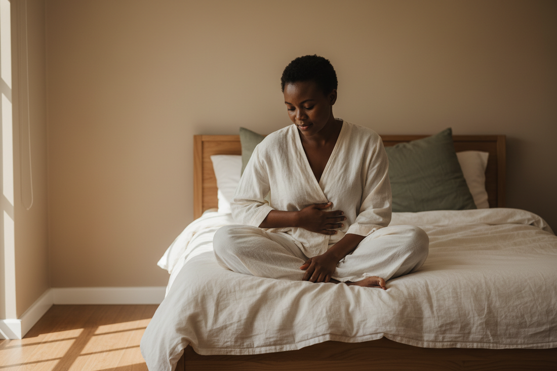 Young South African woman sitting quietly on her bed with a hand resting on her abdomen in soft morning light