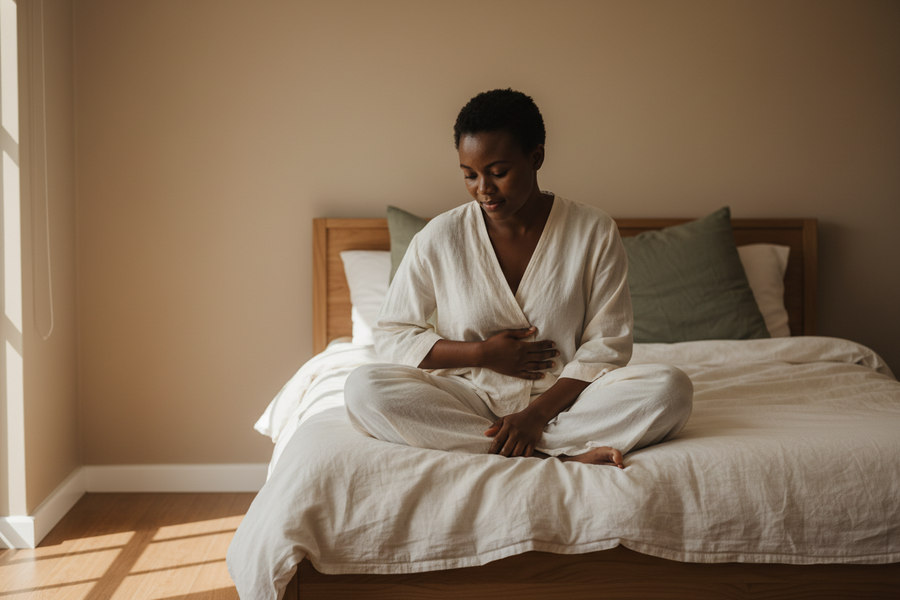 Young South African woman sitting quietly on her bed with a hand resting on her abdomen in soft morning light