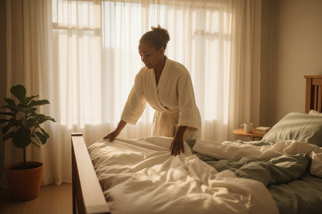 Woman smoothing linen bedding in a softly lit bedroom, a quiet morning ritual of sleeping alone