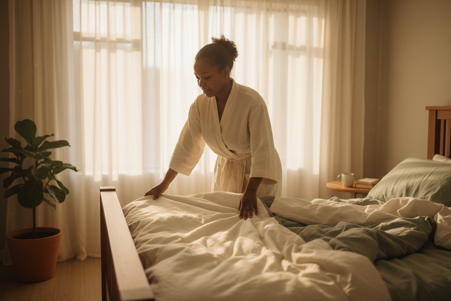 Woman smoothing linen bedding in a softly lit bedroom, a quiet morning ritual of sleeping alone