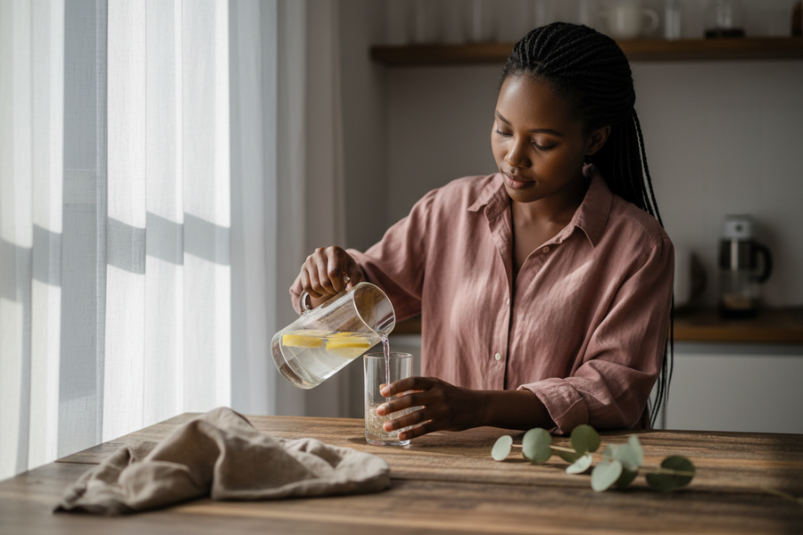 Woman pouring morning lemon water at a sunlit kitchen table, part of a quiet daily wellness ritual