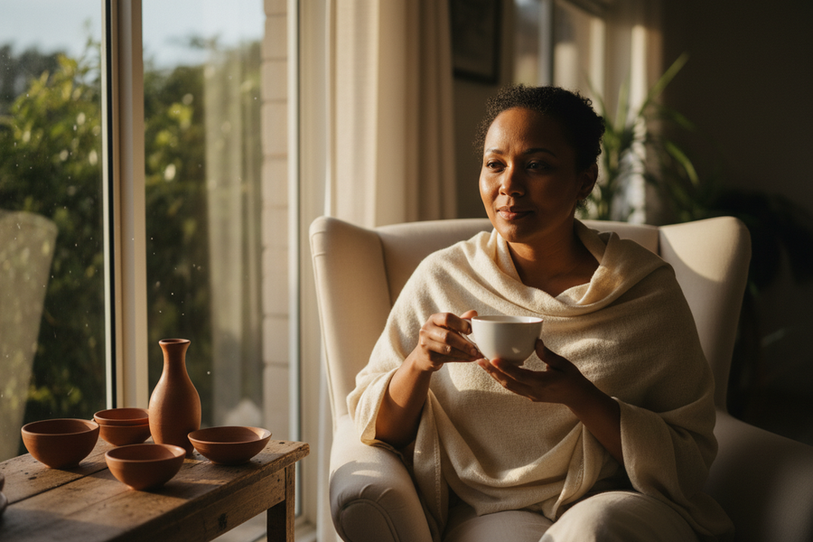 Woman sitting quietly by a sunlit window holding a teacup, reflecting on the wait for motherhood
