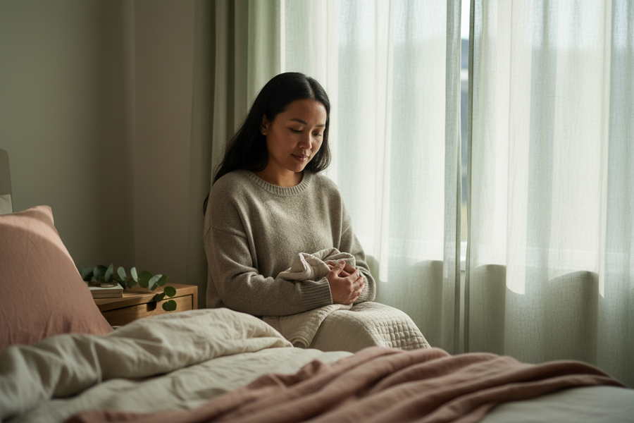 Woman sitting by a sunlit window holding a small baby blanket, reflecting on pregnancy and infant loss