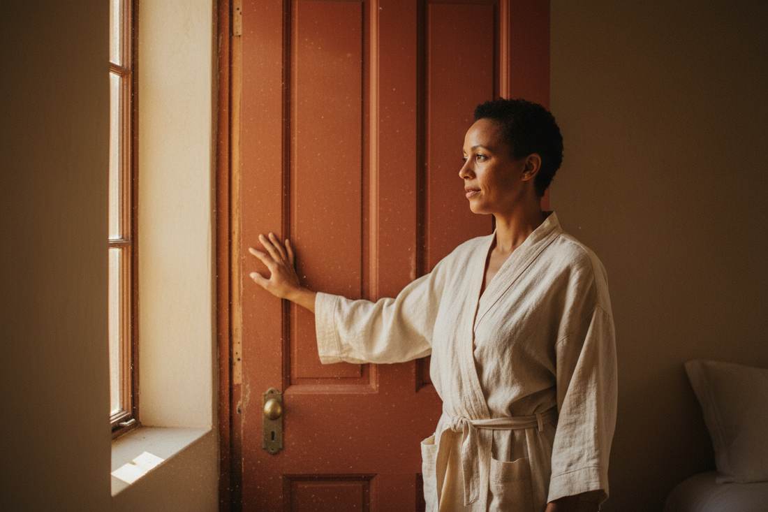 Woman gently closing a bedroom door in warm afternoon light, a quiet gesture of self-care and personal boundary