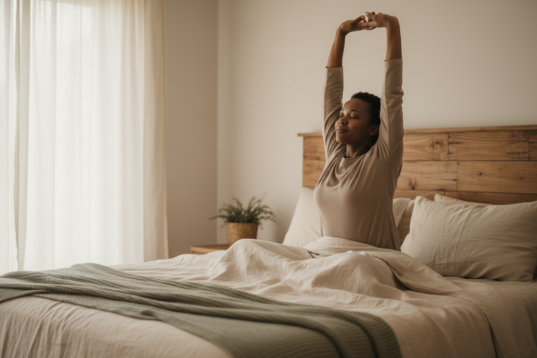 Woman waking gently in soft morning light, stretching in bed with ivory linen bedding and a timber headboard