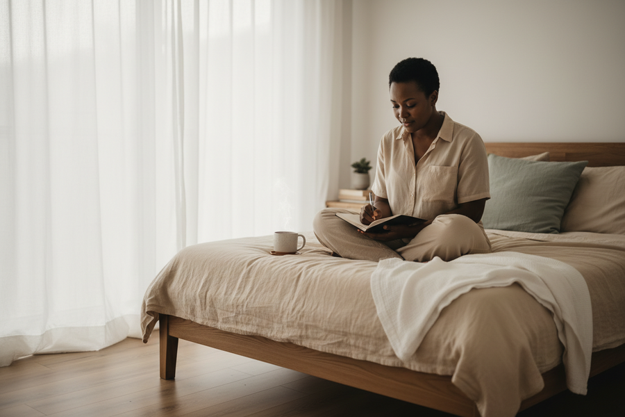 Woman journaling by a sunlit window in soft morning light, reflecting on her body's monthly rhythms.