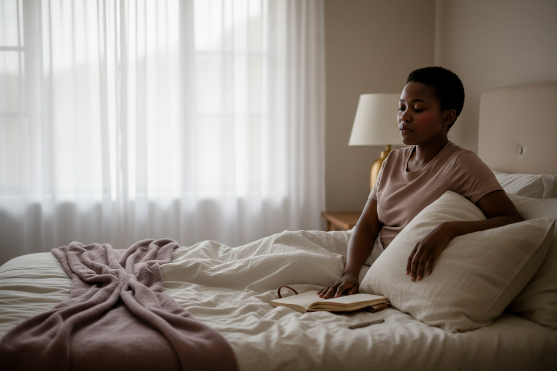 Woman waking gently in bed with a journal nearby, soft morning light through a sheer curtain
