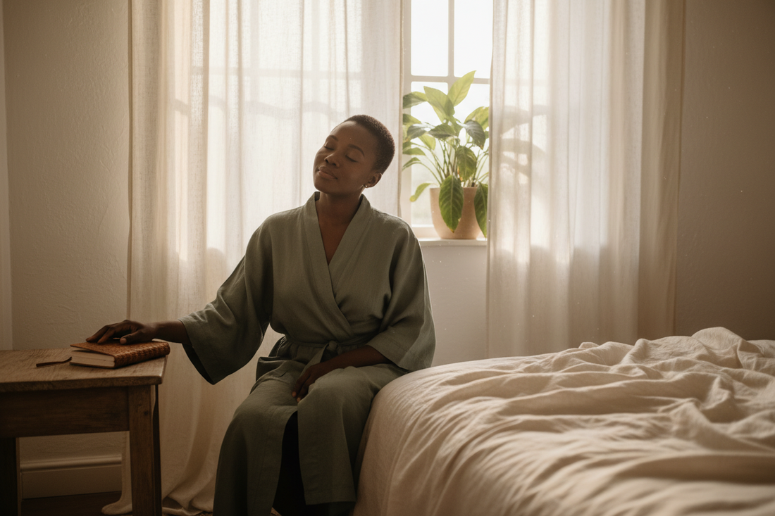Woman resting quietly beside her bed in soft morning light, hand on a closed journal near linen bedding