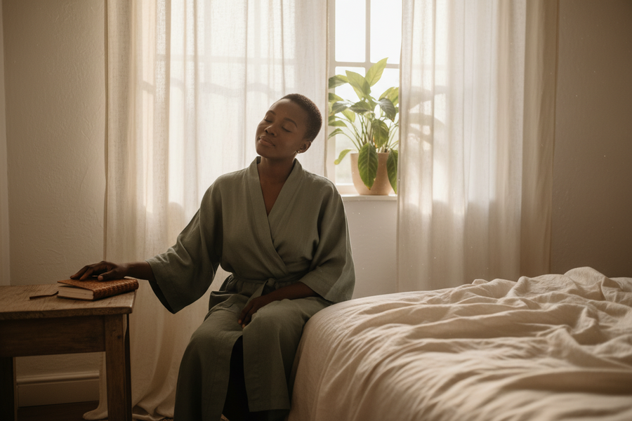 Woman resting quietly beside her bed in soft morning light, hand on a closed journal near linen bedding