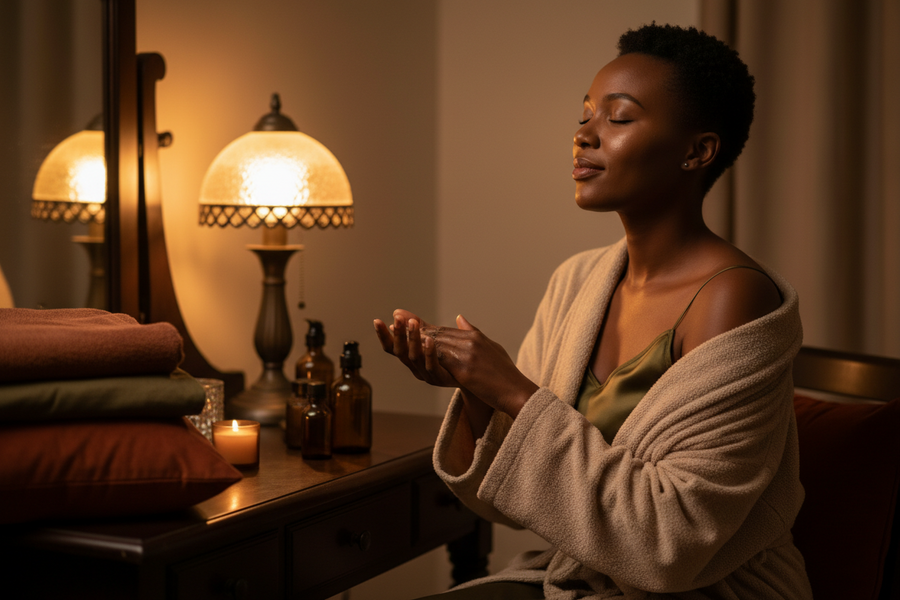 Woman applying body oil at a wooden dressing table in warm evening lamplight, a quiet moment of self-care