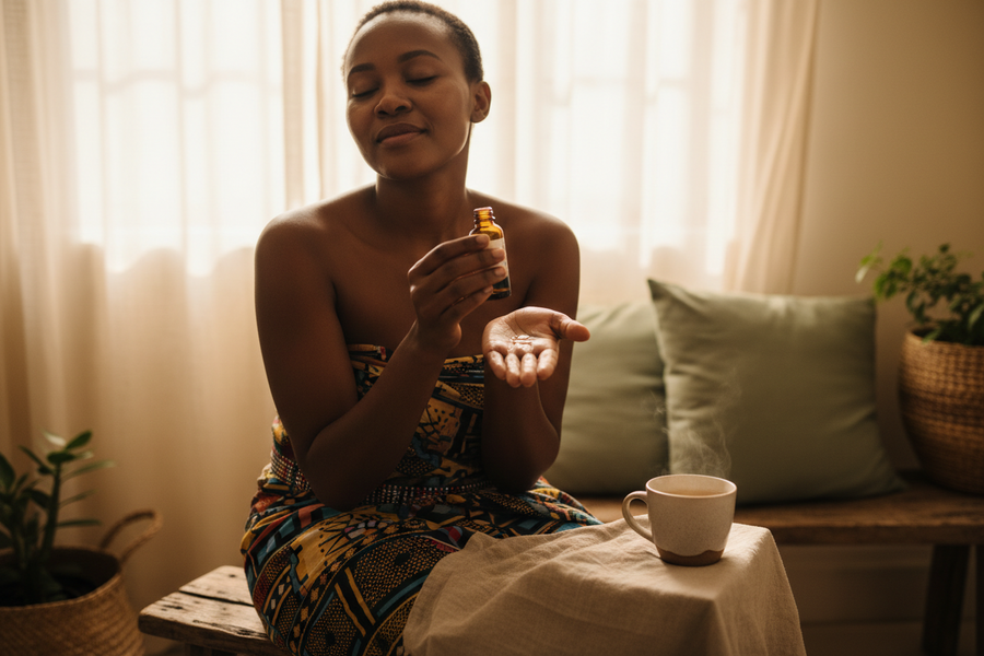 Woman pausing mid self-care ritual, hands with oil, cup of tea beside her in soft natural light