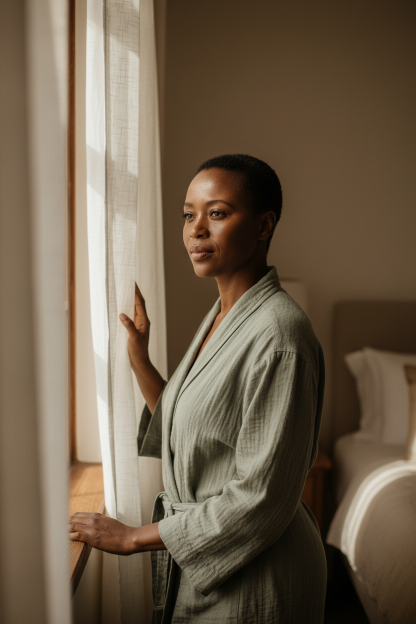 A 39-year-old South African woman with calm reflective expression, standing beside sunlit bedroom window resting hand on windowsill, soft morning light through sheer linen curtains