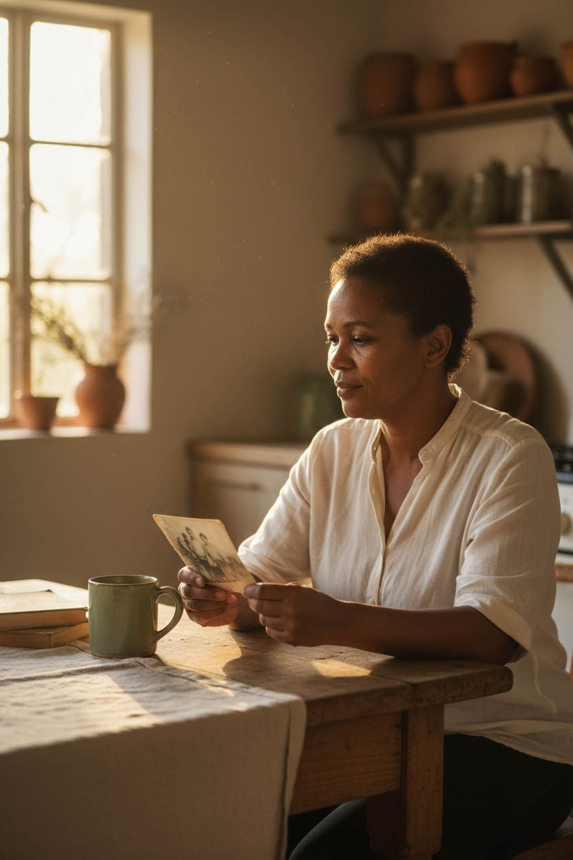 A 42-year-old South African woman sitting at a wooden kitchen table, gently holding an old family photograph, morning light through a kitchen window, linen tablecloth and ceramic mug nearby