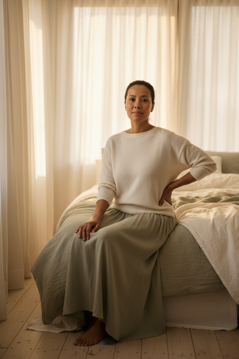 Woman sitting quietly on her bed in soft morning light, reflecting on her body with gentle care