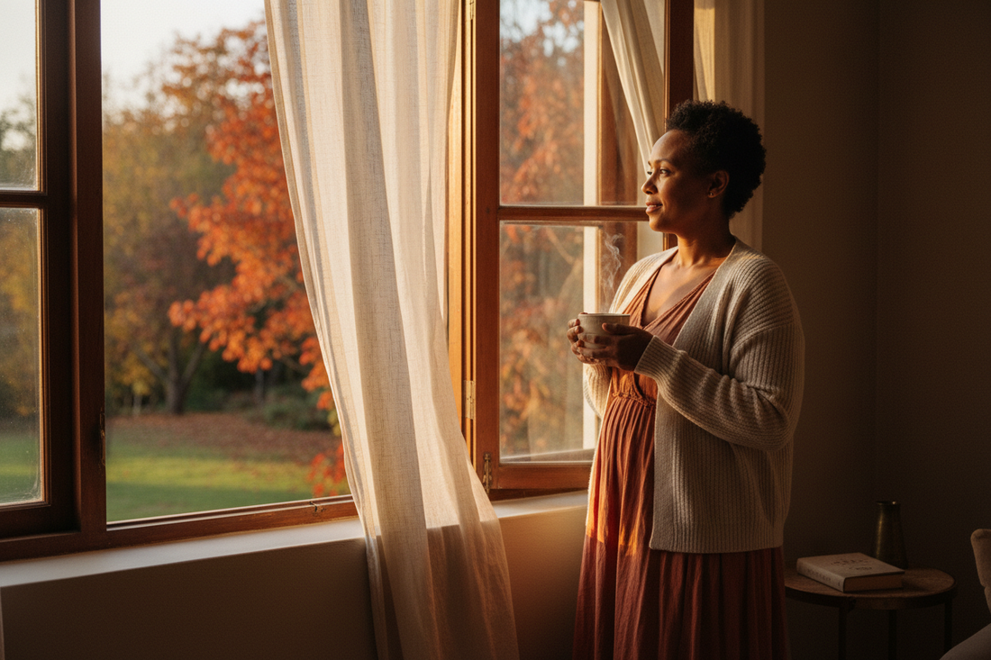 Woman pausing by a sunlit window at dusk, holding a cup of tea and watching the changing season outside.