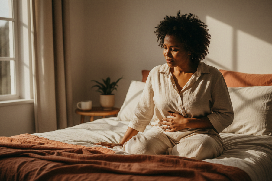 Woman sitting quietly on a linen bed with her hand resting on her abdomen in warm afternoon light