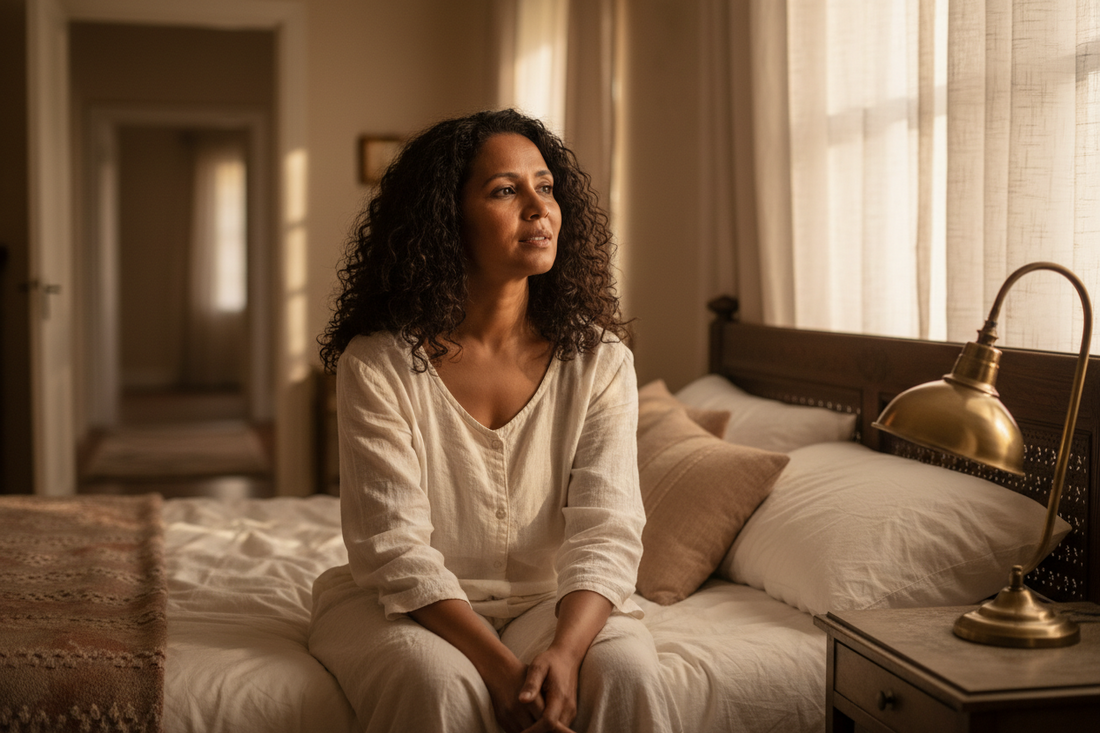 Woman sitting up in bed at dawn listening quietly, soft golden light through linen curtains