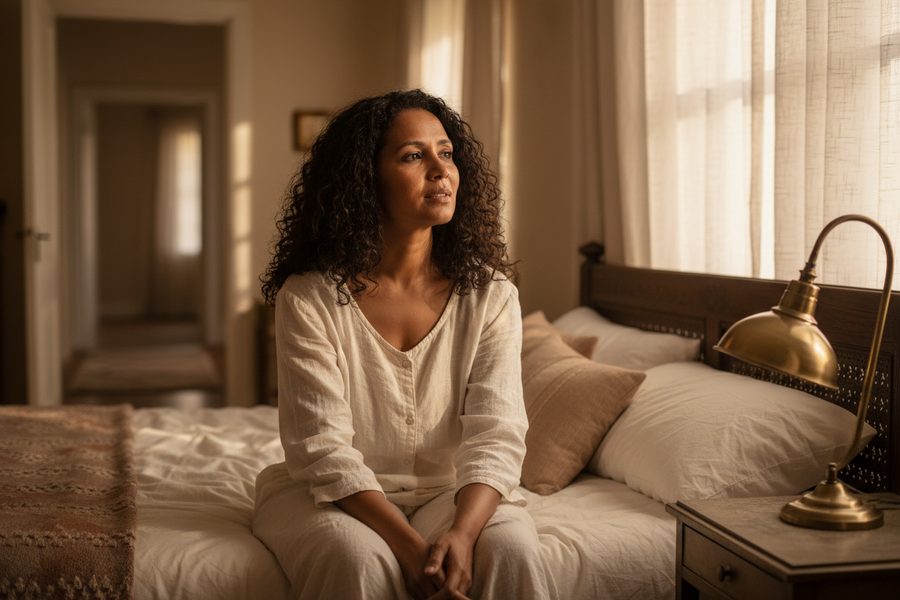 Woman sitting up in bed at dawn listening quietly, soft golden light through linen curtains