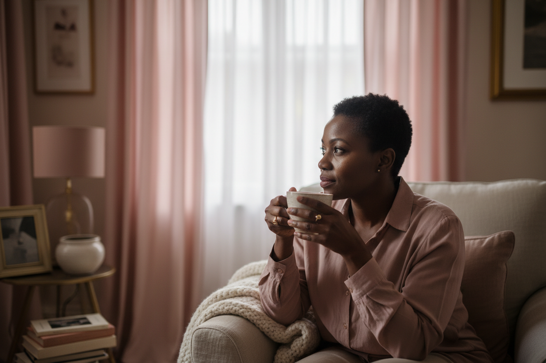 Woman sitting thoughtfully by a window with a cup of tea in soft daylight, reflecting on intimate health and family silence