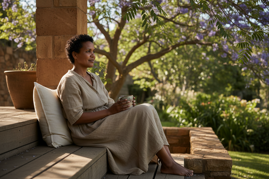 A 45-year-old South African woman sitting on a stoep step, hands loosely around a ceramic mug, gaze soft and unfocused toward the garden, mid-morning light low