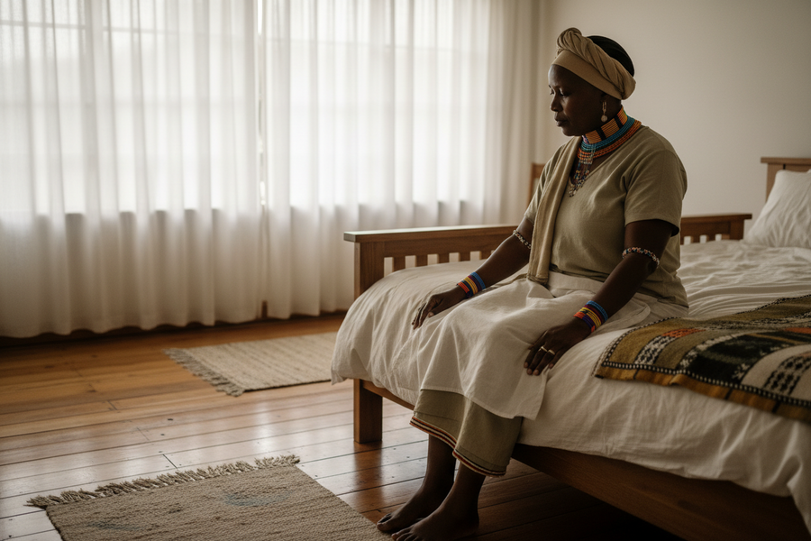 A 45-year-old South African woman sitting on the edge of an unmade bed, smoothing the linen beside her, quiet timber-floored bedroom, early-morning light through sheer curtains