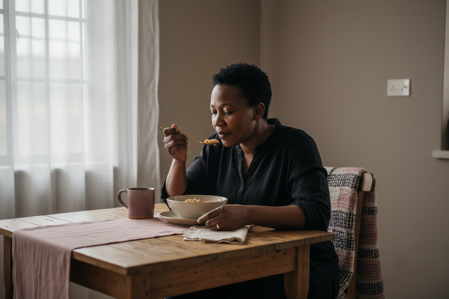 Woman quietly enjoying a solitary breakfast at a softly lit kitchen table on an overcast morning.