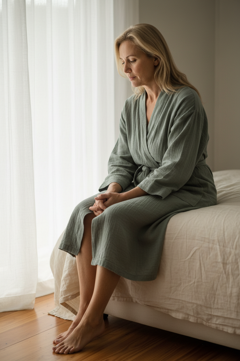 A 45-year-old South African woman sitting on a linen-covered bed edge, hands resting on her lap in quiet thought, soft morning light through sheer curtains, timber floor