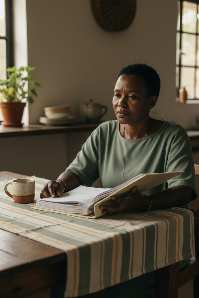 A 45-year-old South African woman sitting quietly at a kitchen table, holding a folder of medical notes, mid-morning window light from the side, linen tablecloth and ceramic mug