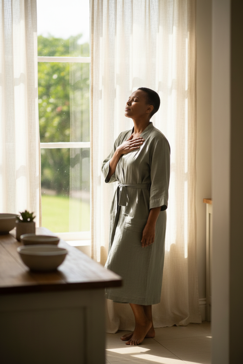 A 45-year-old South African woman standing barefoot by a sunlit kitchen window, eyes closed, hand resting on her own chest, soft morning light through sheer curtains