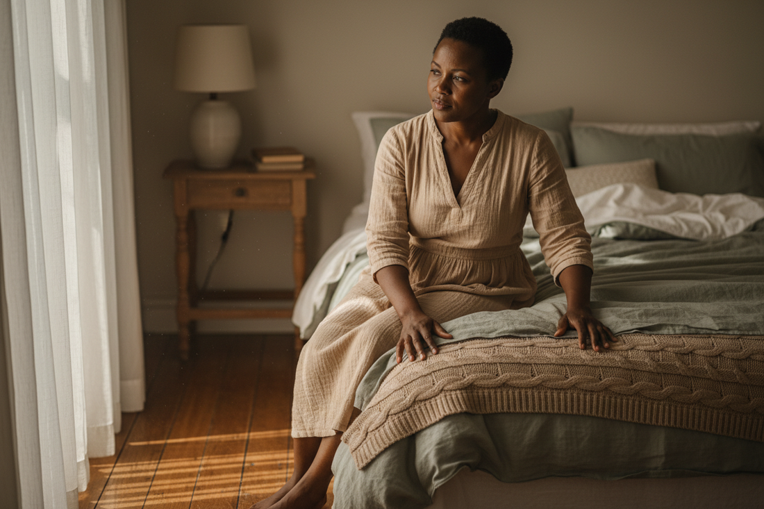 Woman sitting quietly on the edge of her bed in soft morning light, smoothing the linen