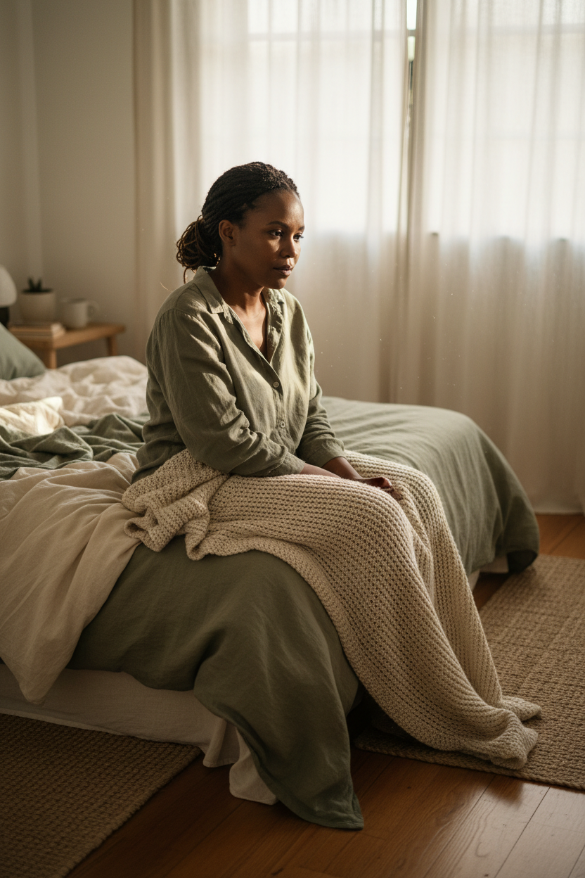 A 46-year-old South African woman sitting on the edge of an unmade bed, timber-floored room, early morning light through sheer curtains, soft directional glow across her face
