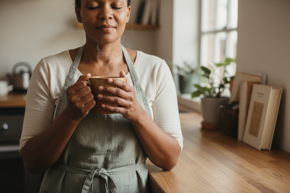 A 47-year-old South African woman pausing at a kitchen counter, eyes closed, hands wrapped around a warm ceramic mug, soft morning light through a kitchen window