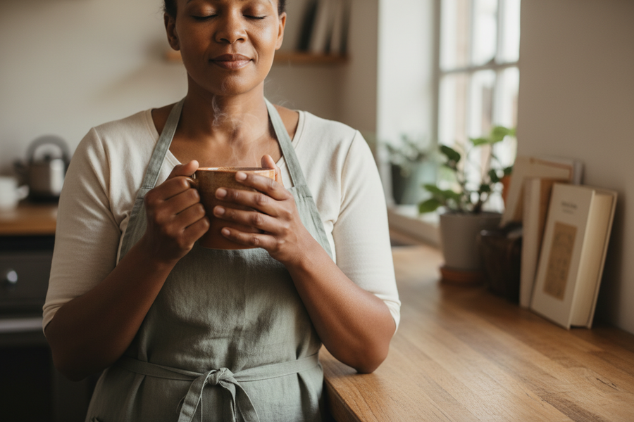 A 47-year-old South African woman pausing at a kitchen counter, eyes closed, hands wrapped around a warm ceramic mug, soft morning light through a kitchen window