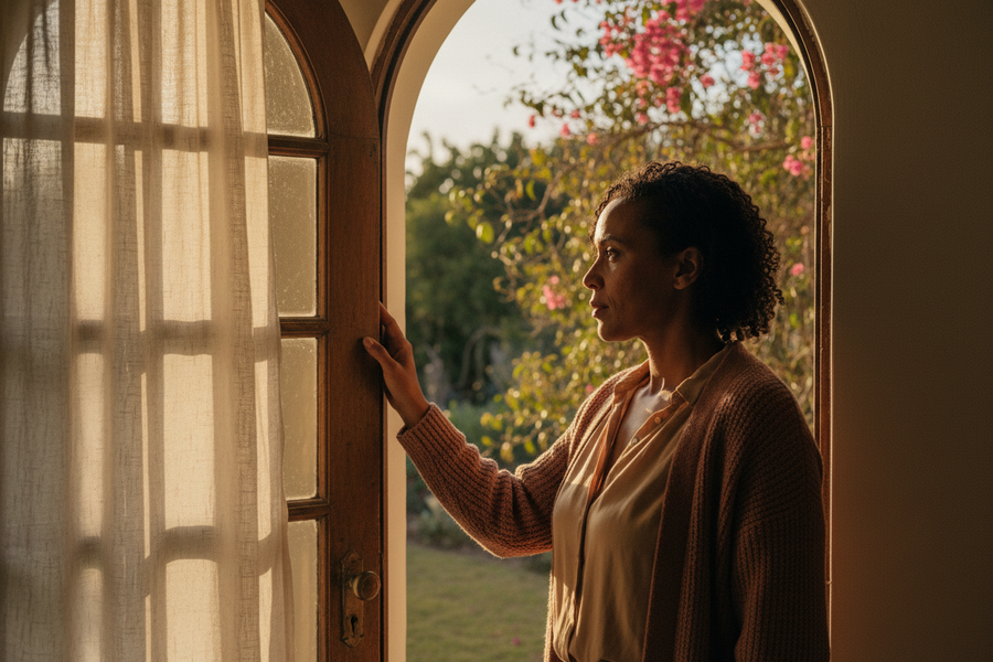 Woman pausing thoughtfully at a doorway in warm afternoon light during her years of raising teenagers.