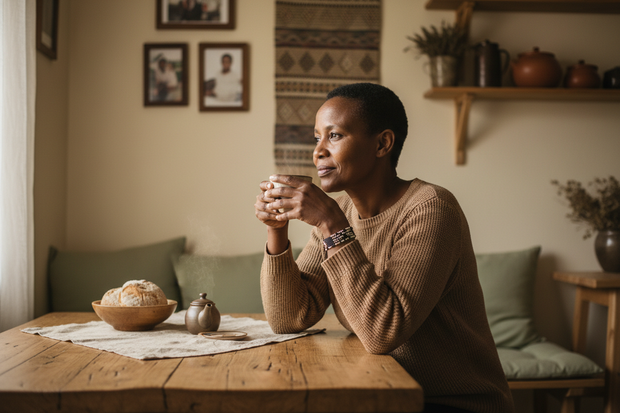 Sesotho woman pausing quietly with tea at a timber table, softly lit by natural window light