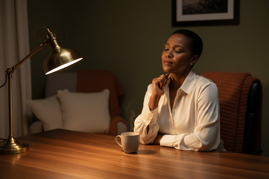 Woman pausing at a lamplit desk in the evening, loosening her collar during a quiet moment after work