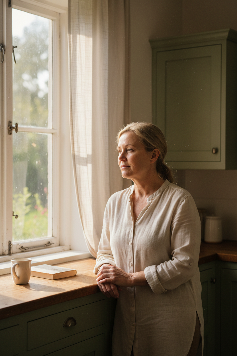 A 50-year-old South African woman standing at a sunlit kitchen window, hands resting on the counter, quiet unguarded expression, early-morning light through gauzy linen curtains, muted sage cabinetry