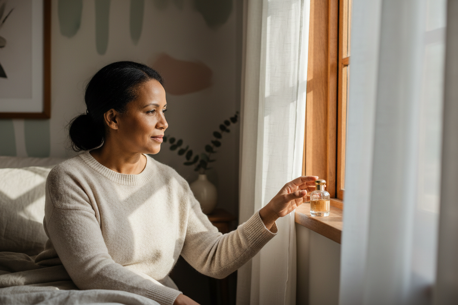 Woman touching a small perfume bottle on a sunlit windowsill, morning light through sheer curtains.