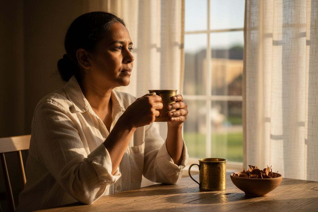 Woman sitting thoughtfully by a sunlit window with a mug, reflecting on the menopause hormone therapy decision