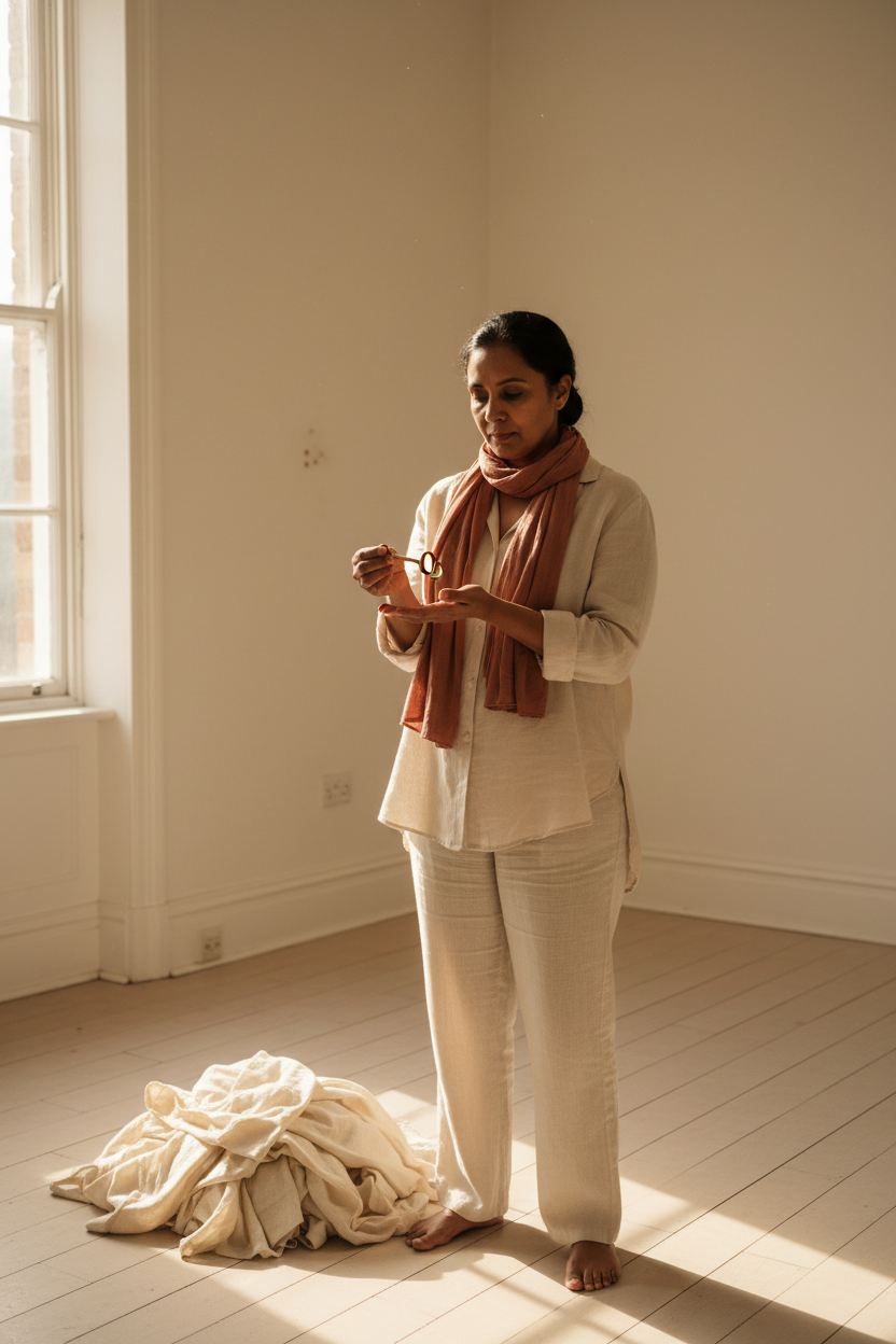 A 52-year-old South African woman standing alone in an emptied sunlit room, holding a single house key in both palms, mid-morning light through a bare window onto pale wooden floors