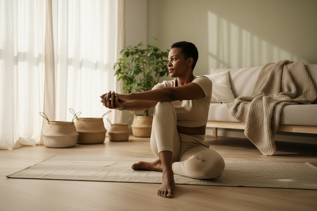 Woman pausing during gentle morning stretching in a sunlit living room with timber floors and linen textures