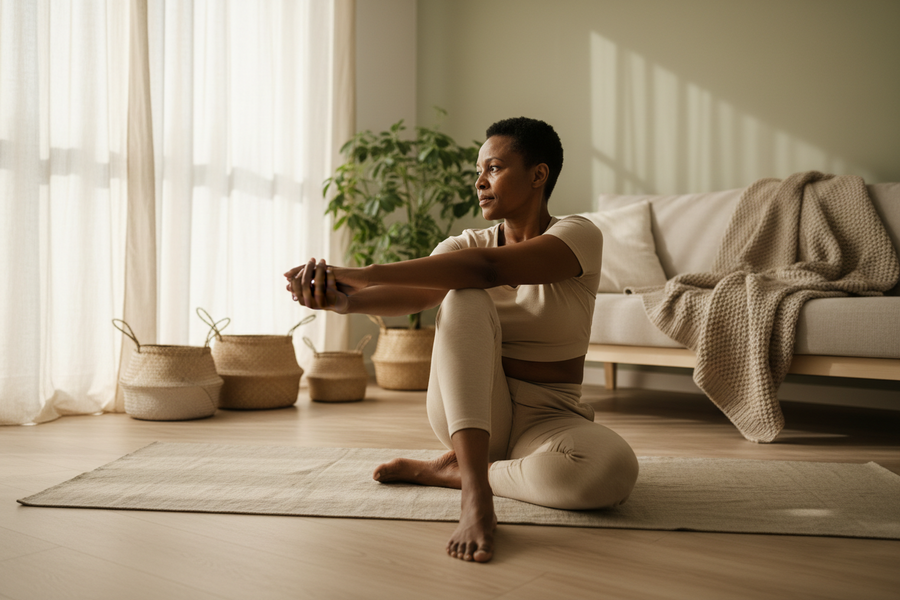 Woman pausing during gentle morning stretching in a sunlit living room with timber floors and linen textures