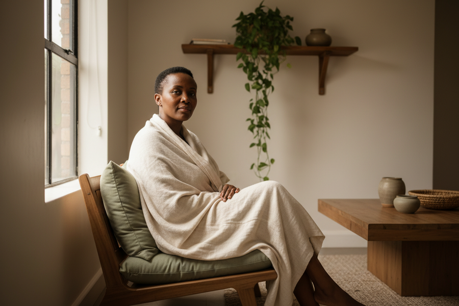 Woman wrapped in a linen throw sitting thoughtfully by a sunlit window after a life transition