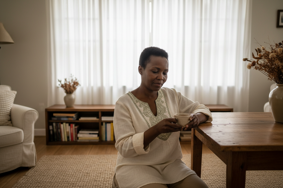 Woman sitting thoughtfully with a cup of tea in a softly lit living room during menopause reflection