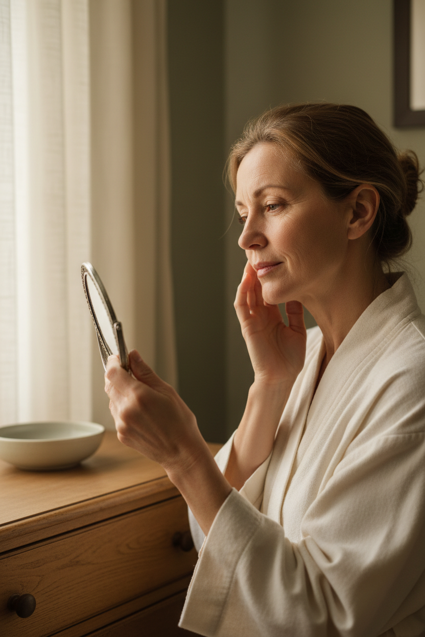 A 52-year-old South African woman gently touching her cheek while looking into a small vanity mirror, sunlit bedroom with linen curtains, soft morning side light