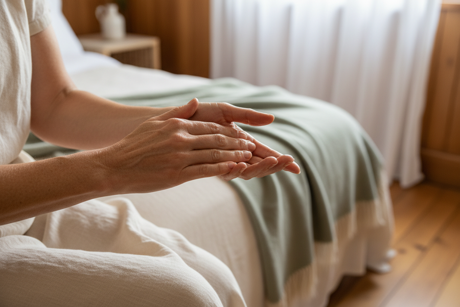 A 52-year-old South African woman massaging her own hand with oil, seated on edge of linen-covered bed in sunlit timber bedroom, soft morning light through sheer curtains
