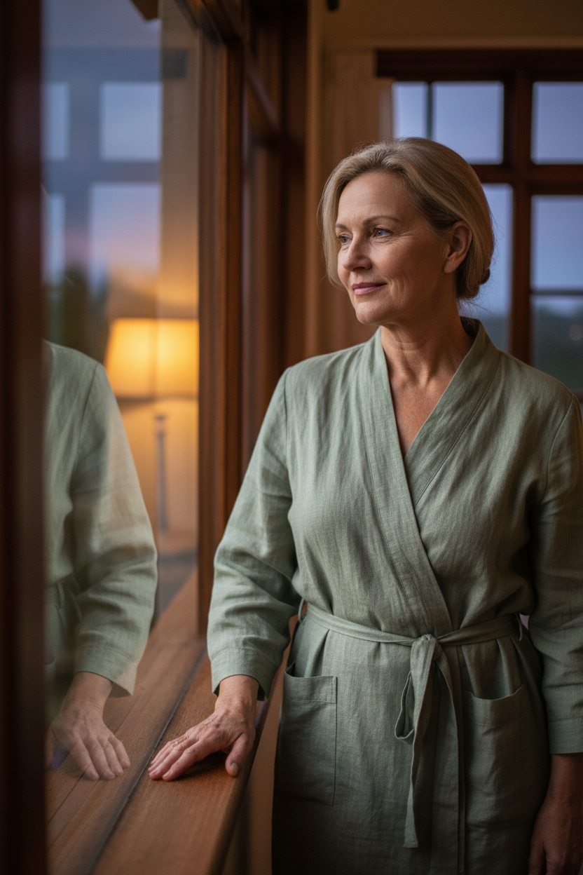 A 52-year-old South African woman standing at a bedroom window at dusk, hand resting lightly on the sill, soft contemplative half-smile, warm lamp glow mixing with fading blue outside light