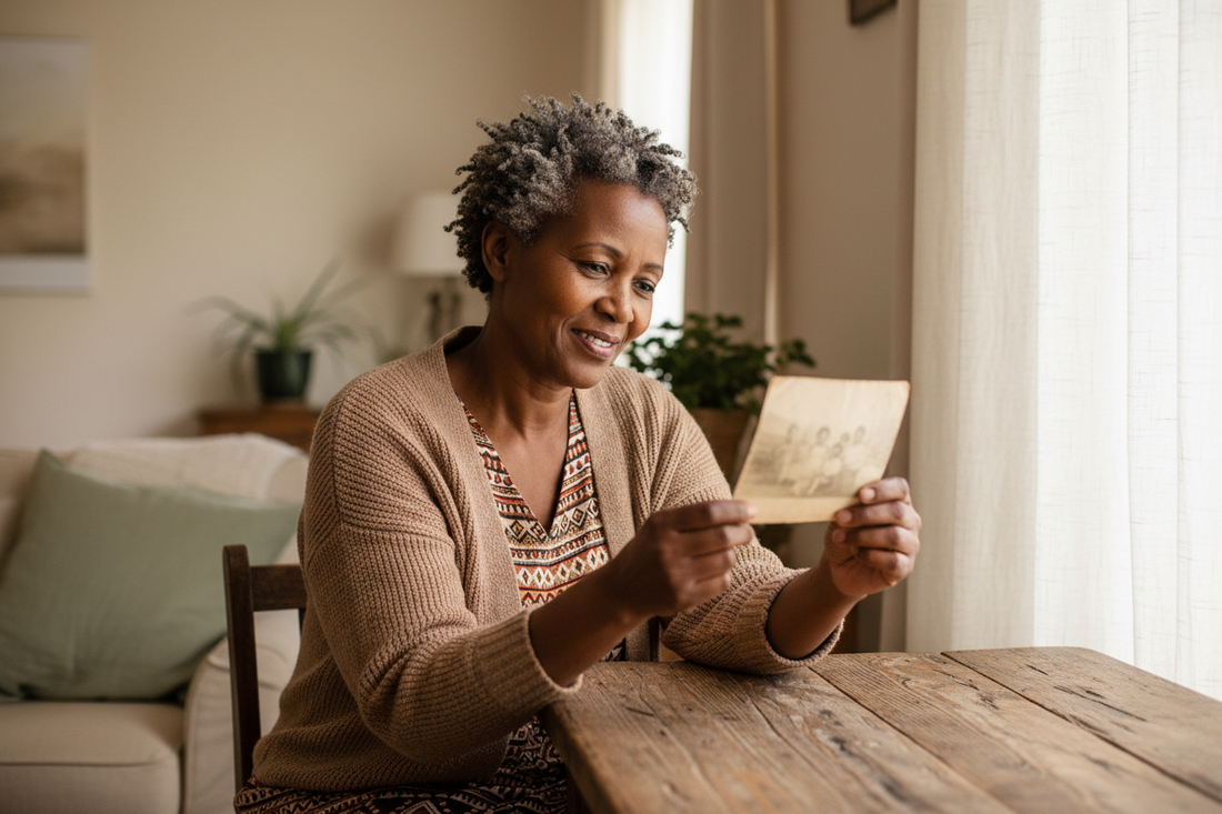Sesotho woman sitting by a sunlit window holding an old photograph, reflecting on family and menopause
