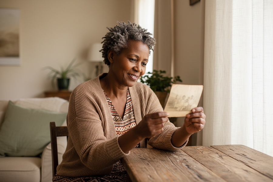 Sesotho woman sitting by a sunlit window holding an old photograph, reflecting on family and menopause