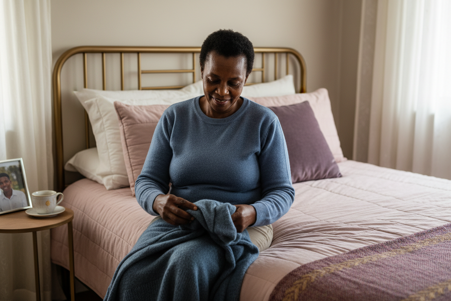 Woman folding her grown child's old sweater on a quiet bedroom bed in soft overcast light